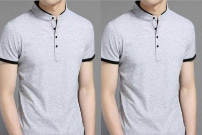 AAYUSHTRADING Solid Men Mandarin Collar Grey T-Shirt