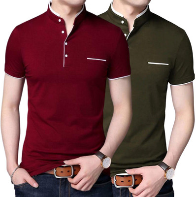PIXIE FASHION Solid Men Mandarin Collar Dark Green, Maroon T-Shirt