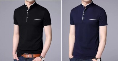 AAYUSHTRADING Solid Men Mandarin Collar Blue, Black T-Shirt