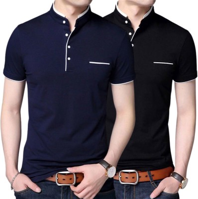 GulGuli Solid Men Mandarin Collar Black, Navy Blue T-Shirt