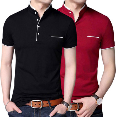 PIXIE FASHION Solid Men Mandarin Collar Red, Black T-Shirt