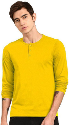 LazyChunks Solid Men Henley Neck Yellow T-Shirt