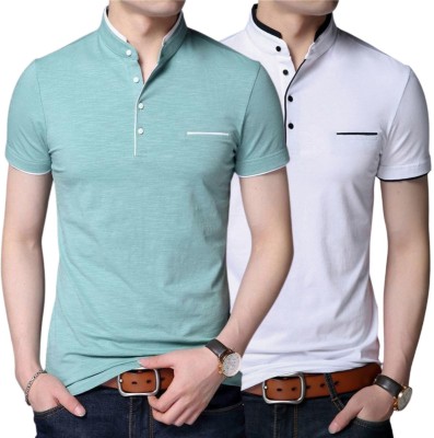 GulGuli Solid Men Mandarin Collar White, Light Green T-Shirt