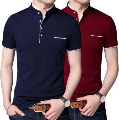 GulGuli Solid Men Mandarin Collar Maroon, Navy Blue T-Shirt