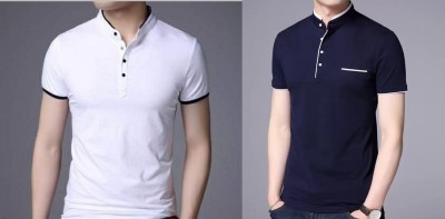 AAYUSHTRADING Solid Men Mandarin Collar White, Blue T-Shirt