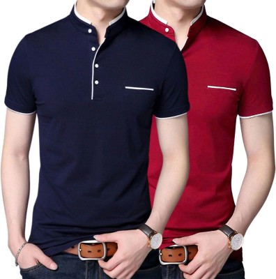 GulGuli Solid Men Mandarin Collar Red, Navy Blue T-Shirt