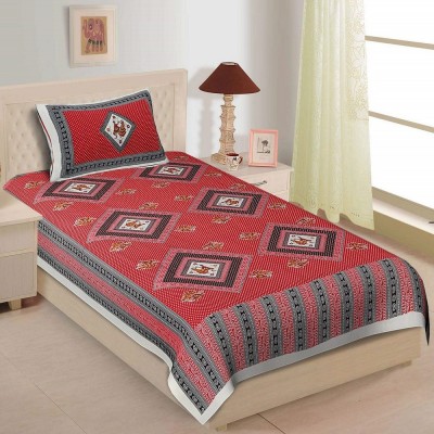 LITTLE INDIA 144 TC Cotton Single Jaipuri Prints Flat Bedsheet(Pack of 1, Red)