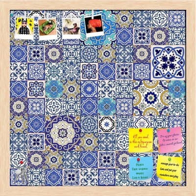 Artzfolio Colorful Moroccan Tiles Patchwork Pattern Notice Pin Soft Board with Push Pins Cork Bulletin Board(Natural Brown Frame 24 x 24 inch (61 x 61 cms))