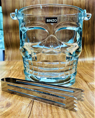 BINZO 1.5 L Glass Glass Skull Shape Ice Bucket with Stainless Steel Handle & Tong Ice Bucket