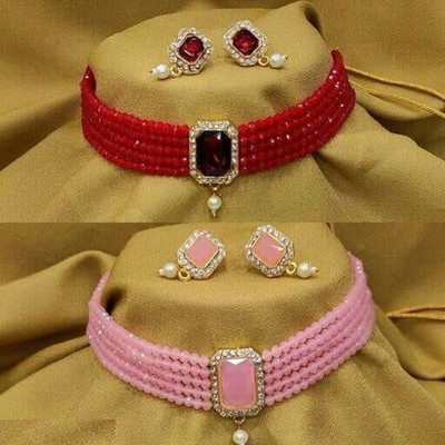 taransha Alloy Gold-plated Pink, Ruby Red Jewellery Set(Pack of 1)
