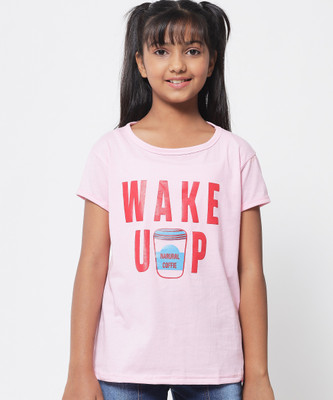 Fit N Fame Girls Typography Pure Cotton Regular T Shirt(Pink, Pack of 1)