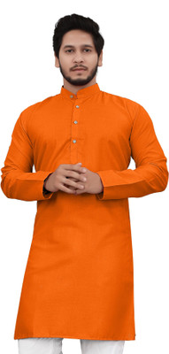 ellark Men Self Design Straight Kurta(Orange)