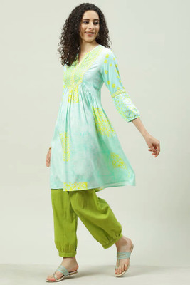 BIBA Women Printed Flared Kurta(Light Blue)