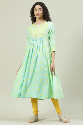 BIBA Women Printed Flared Kurta(Light Blue)