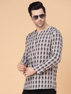 Svatantra Men Printed Straight Kurta(Grey)