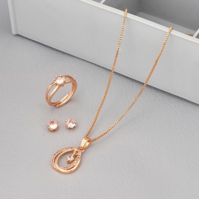 harikrupa Rose Gold Plated Neckless With Earrings And Ring Gold-plated Cubic Zirconia Alloy