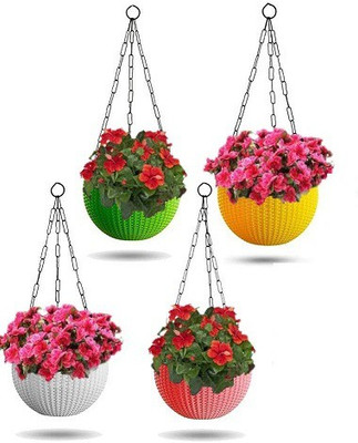 TechBlaze hanging flowerpot with chain for balcony & gardening 4qty Plant Container Set(Pack of 4, Polythene)