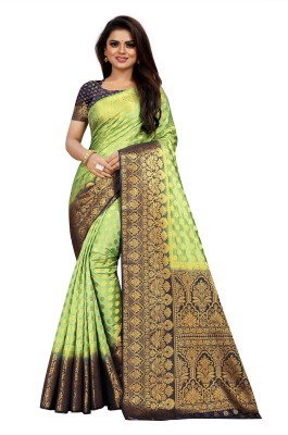 Shopya Self Design, Woven Kanjivaram Pure Silk, Art Silk Saree(Dark Blue, Light Green)