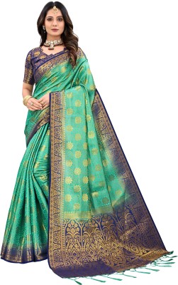 Rupatika Woven Banarasi Pure Silk, Cotton Silk Saree(Dark Blue, Green)