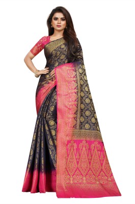 Rupatika Woven Banarasi Pure Silk, Cotton Silk Saree(Dark Blue, Pink)