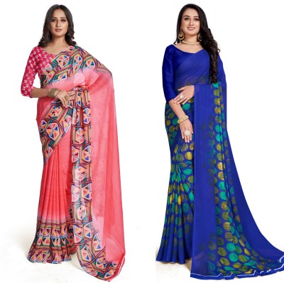 Uveeka Printed, Floral Print Daily Wear Georgette Saree(Blue, Pink)