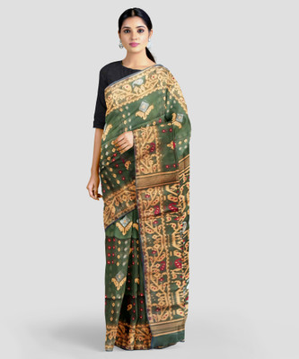 SWARNAPARNI Woven Jamdani Cotton Silk Saree(Dark Green, Yellow)