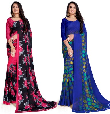 Uveeka Printed, Floral Print Daily Wear Georgette Saree(Pack of 2, Blue, Pink)