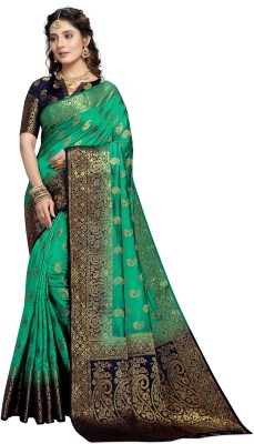 Shopya Woven Kanjivaram Pure Silk, Cotton Silk Saree(Dark Blue, Green)