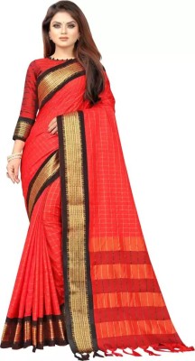 VRINDITA FASHION Checkered Kanjivaram Cotton Silk Saree(Orange)