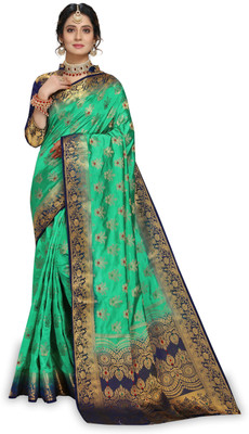 Rupatika Woven Banarasi Pure Silk, Cotton Silk Saree(Dark Blue, Green)