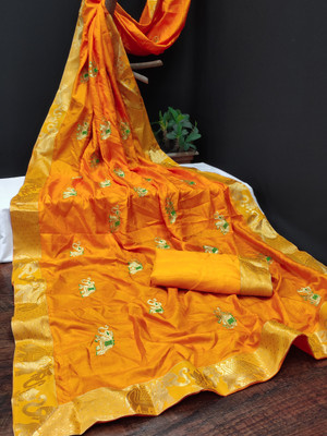 VRINDITA FASHION Embroidered, Woven, Solid/Plain Daily Wear Art Silk Saree(Yellow)