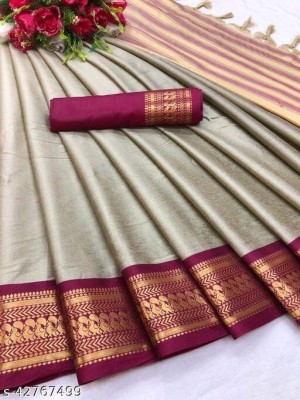 Juhi Collection Woven, Embellished, Solid/Plain Kanjivaram Art Silk, Cotton Silk Saree(Cream)