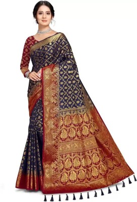 Kiva India Woven Banarasi Cotton Silk Saree(Dark Blue)