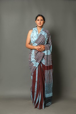 DASTKARPRINT Printed, Color Block, Blocked Printed, Floral Print Daily Wear Pure Cotton Saree(Light Blue)