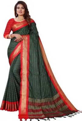 Juhi Collection Checkered Kanjivaram Cotton Silk Saree(Green)