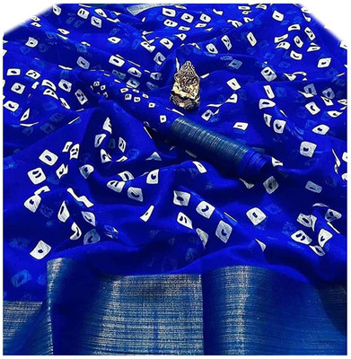 ESOMIC Printed Bandhani Cotton Blend Saree(Blue)