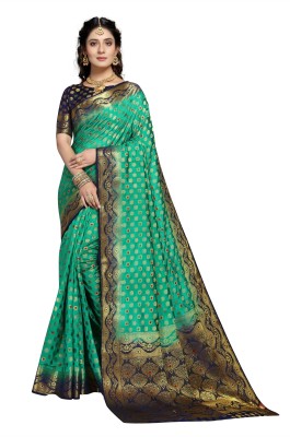 Rupatika Woven Banarasi Pure Silk, Cotton Silk Saree(Dark Blue, Green)