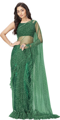 BAPS Self Design, Embellished, Applique, Polka Print Bollywood Net Saree(Green)