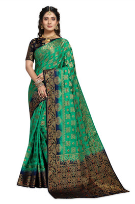 Rupatika Woven Banarasi Pure Silk, Cotton Silk Saree(Dark Blue, Green)