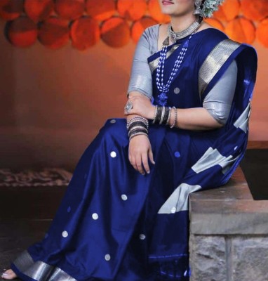 Fab Silk Woven Paithani Handloom Cotton Silk Saree(Blue)