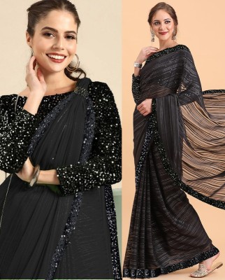 Sareez House Striped Bollywood Georgette Saree(Black)