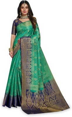 Rupatika Woven Banarasi Pure Silk, Cotton Silk Saree(Dark Blue, Green)