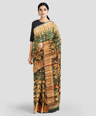 SWARNAPARNI Woven Jamdani Cotton Silk Saree(Dark Green, Yellow)