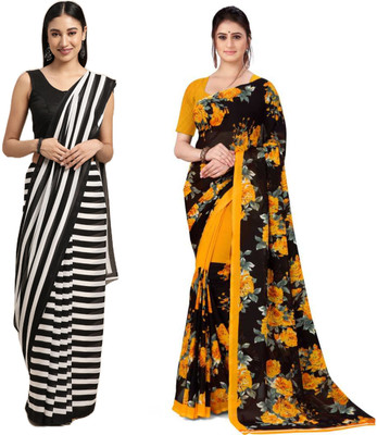 TTH Printed Daily Wear Georgette Saree(Black, Yellow)