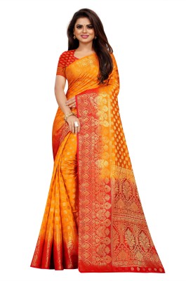 Shopya Self Design, Woven Kanjivaram Pure Silk, Art Silk Saree(Red, Yellow)