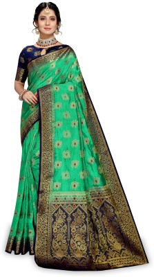 Rupatika Woven Banarasi Pure Silk, Cotton Silk Saree(Dark Blue, Green)