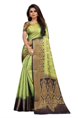 Rupatika Woven Banarasi Pure Silk, Cotton Silk Saree(Dark Blue, Light Green)