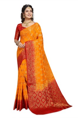 Rupatika Woven Banarasi Pure Silk, Cotton Silk Saree(Red, Yellow)