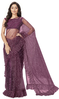 BAPS Self Design, Embellished, Applique, Polka Print Bollywood Net Saree(Purple)
