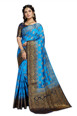 Rupatika Woven Banarasi Pure Silk, Cotton Silk Saree(Dark Blue, Light Blue)